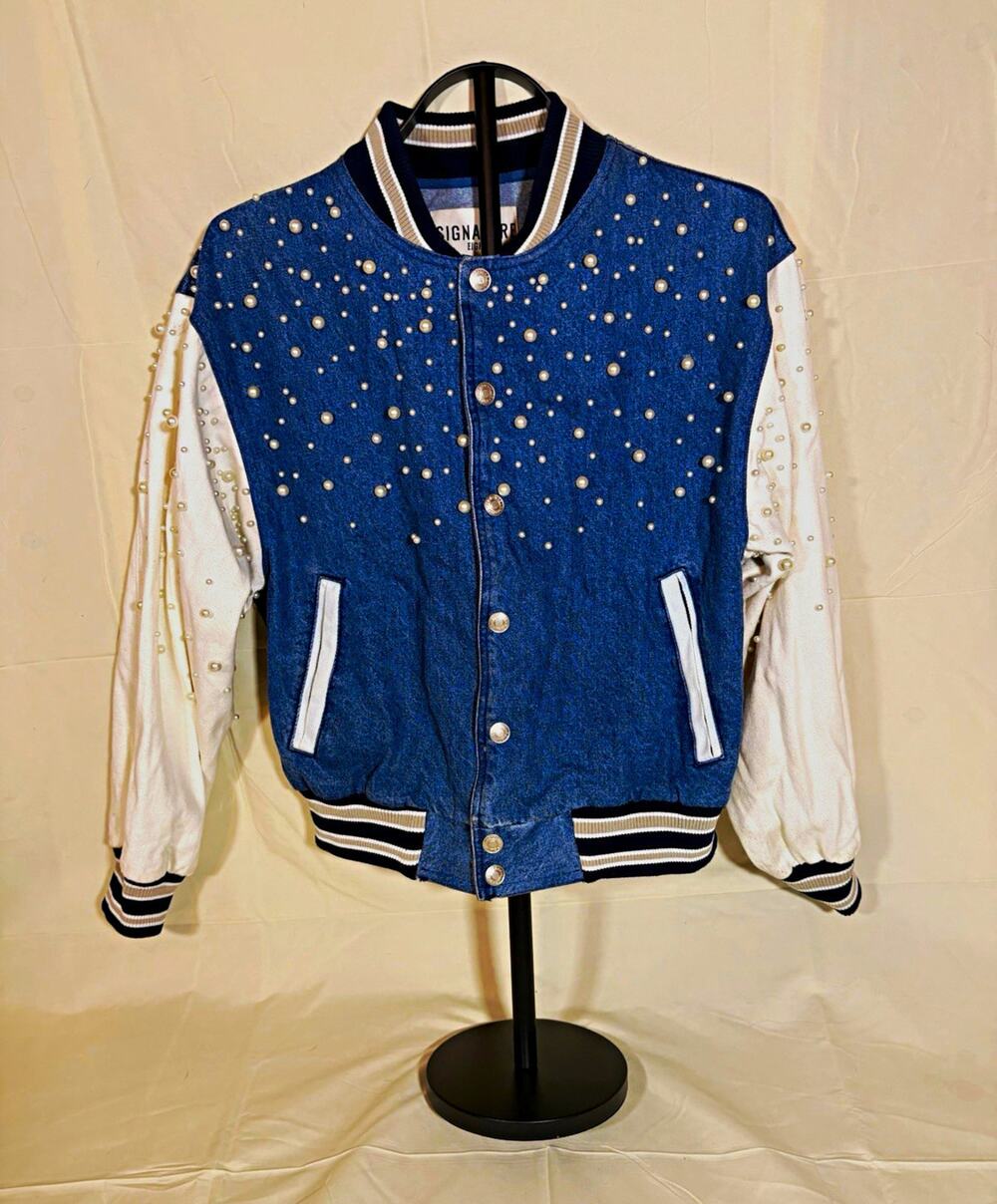 Signature Eight Women Blue/White Varsity Jacket Pearl Studs Button Closure Sz S